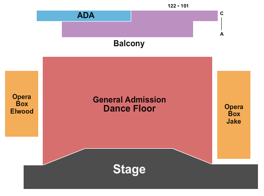 Reserved seating chart for House of Blues: orchestra, boxes, mezzanine, and balcony